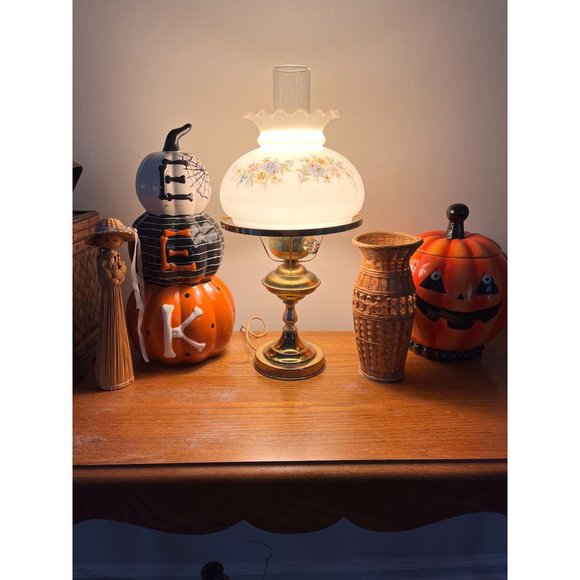 Vintage White Frosted Glass" Hurricane Lamp Shade Ruffled Floral Brass